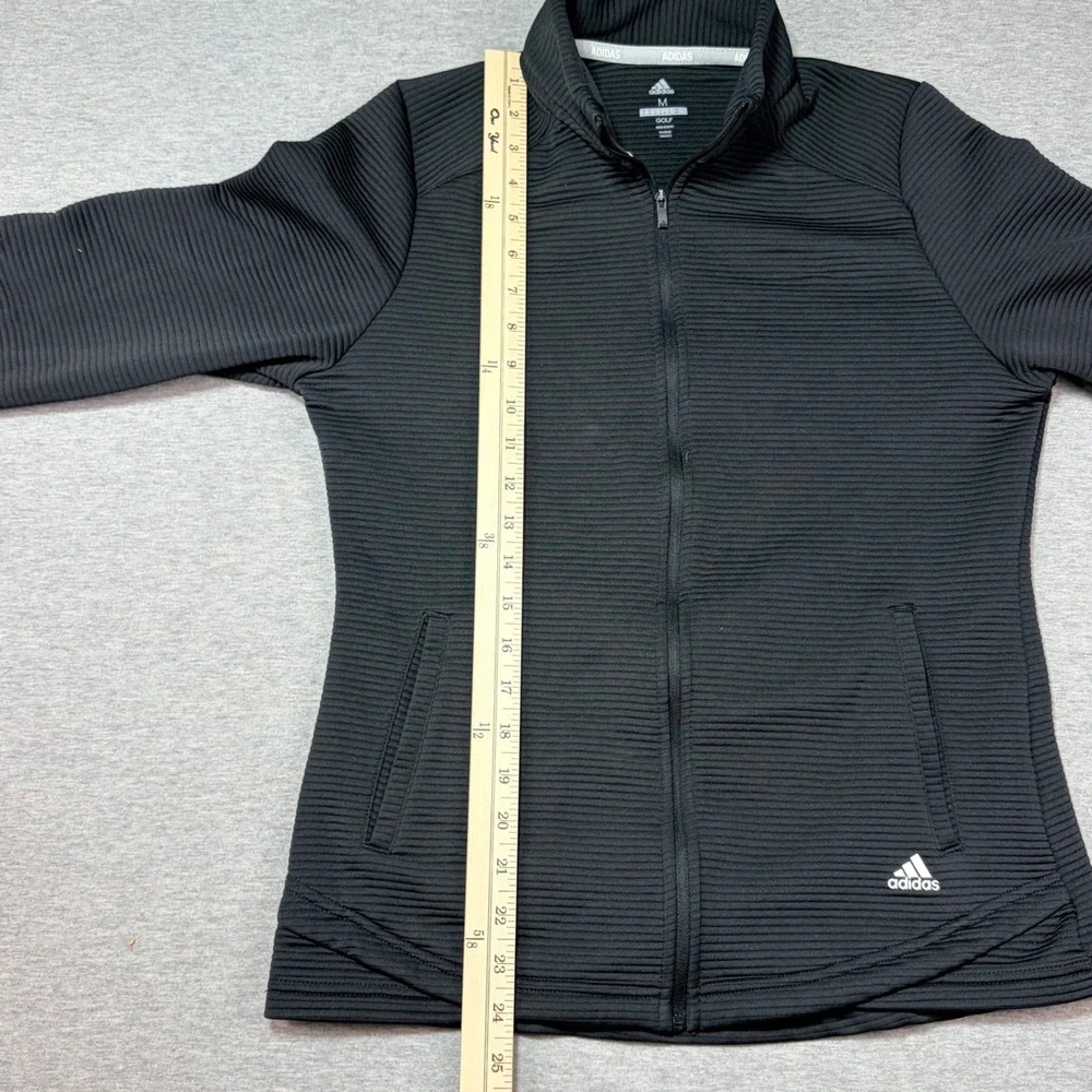 EUC Adidas Golf Women Medium Black Ribbed Full Zip Jacket Thumbhole Athletic Top